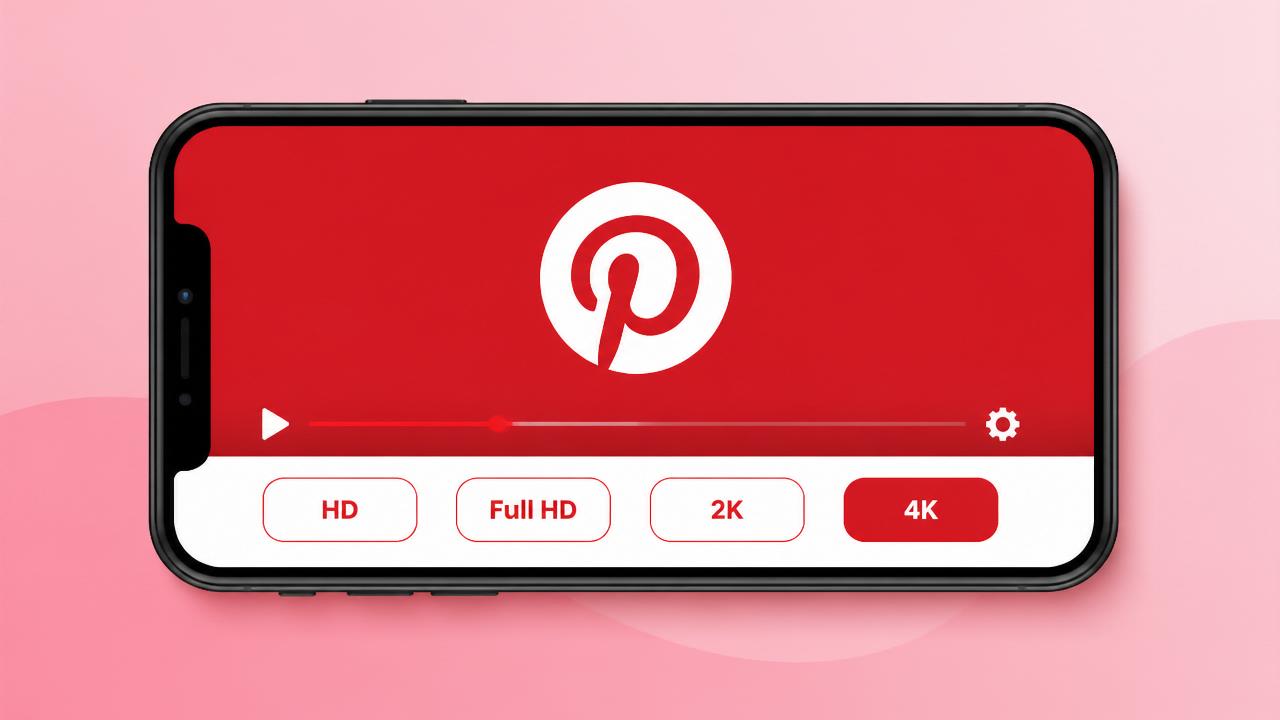 Celular exibindo vídeo do Pinterest com seletor de qualidade HD, Full HD, 2K e 4K